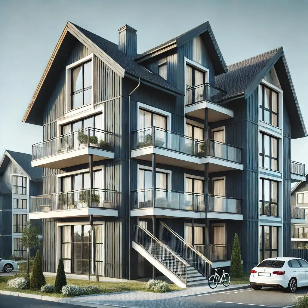 Rendering of the 28-unit stacked condo complex at 11 Garden Ave, Brantford, with dark board-and-batten cladding and gabled roofs