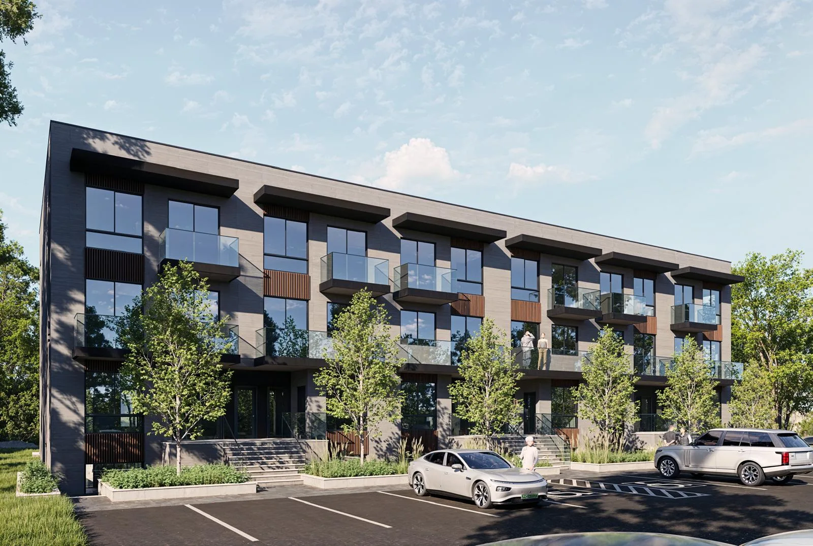 Rendering of the 24-unit stacked condo development at 13 Garden Ave, Brantford, with dark brick, cedar panels and glass balconies